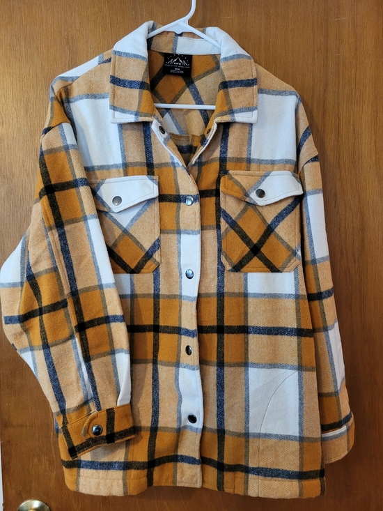 HFX Tops - Mountain-Labeled Plaid Shacket in Mustard & Cream